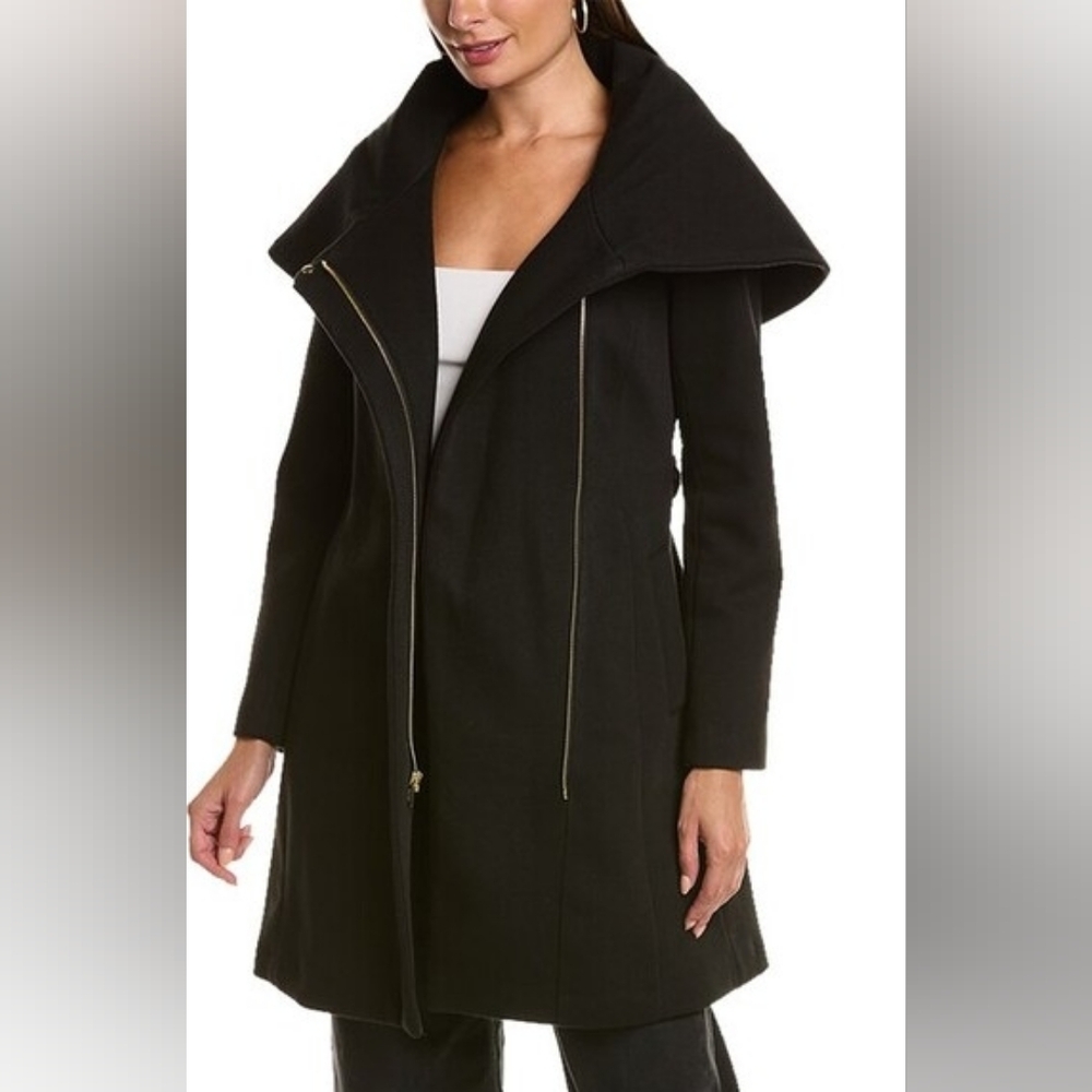 Cole Haan Dark Gray Wool Blend Cape/Hooded Coat With Zipper and Snap Buttons